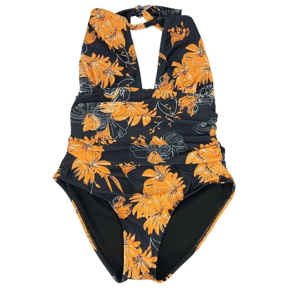 B2PRITY Multiclolor Halter Neck Floral Open Back One Piece Swimwear Swimsuit L